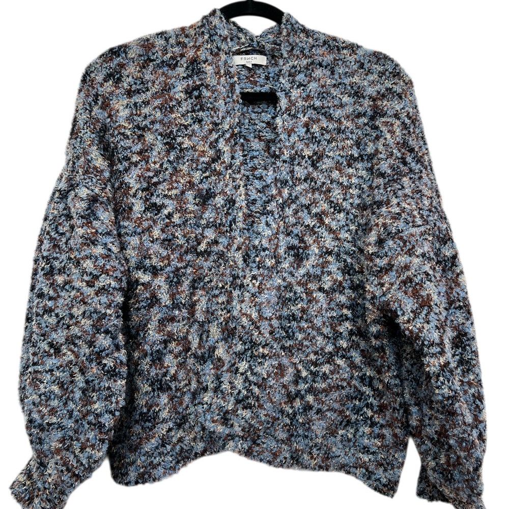 FRNCH Paris Bouclé Sweater Cardigan Blue Brown Cozy Cropped Coastal Grandma
